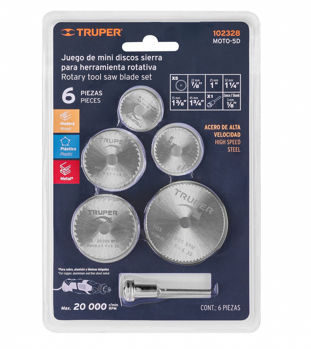JUEGO DE 5 MINI DISCOS SIERRAS PARA MOTOTOOL, TRUPER 102328 *