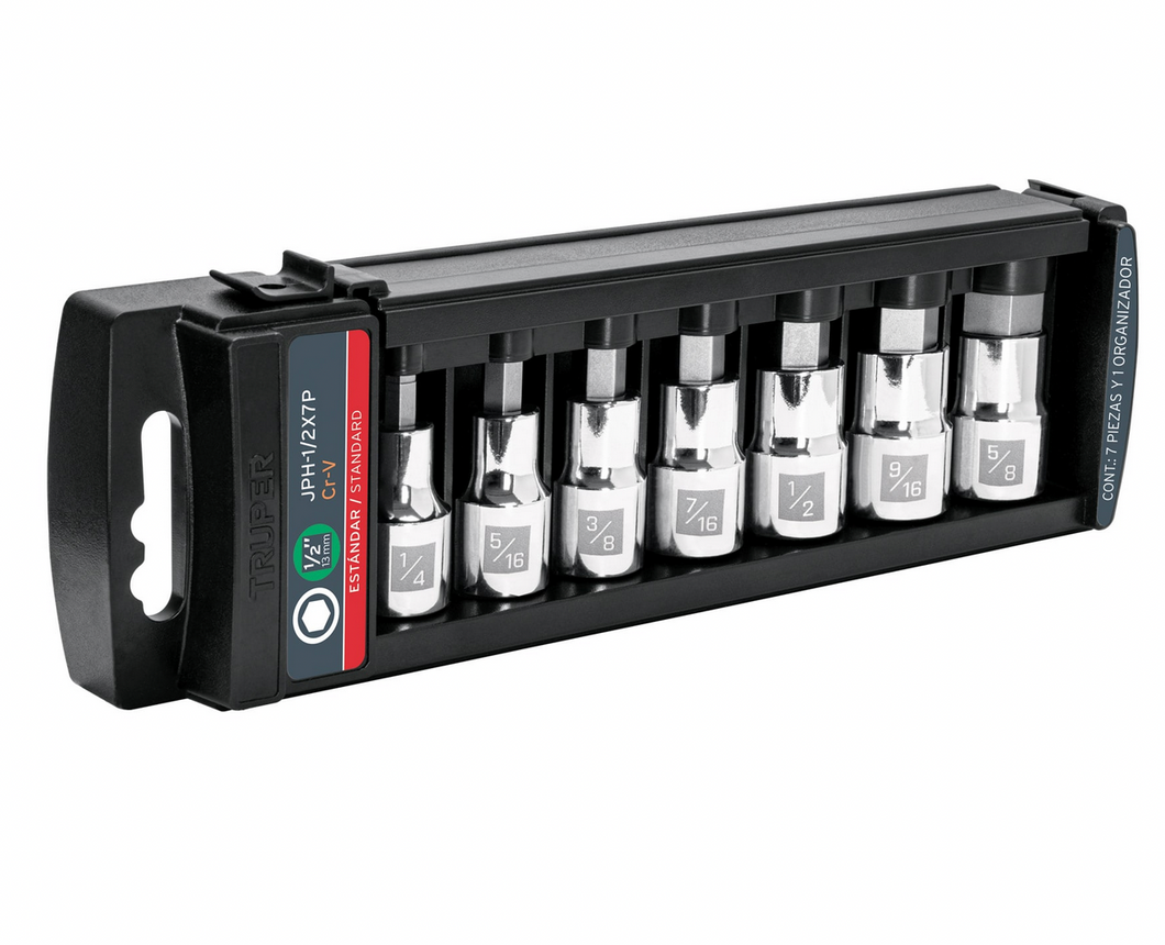 JUEGO DE 7 DADOS CUADRO 1/2' PUNTA HEXAGONAL STD, TRUPER 102239 N