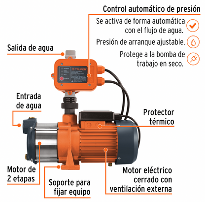 BOMBA PRESURIZADORA MULTIETAPAS 3/4 HP, TRUPER 102385 N