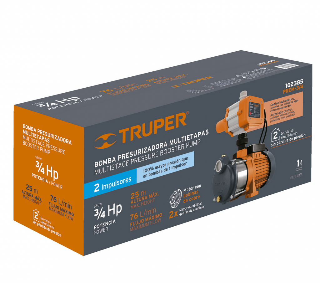 BOMBA PRESURIZADORA MULTIETAPAS 3/4 HP, TRUPER 102385 N