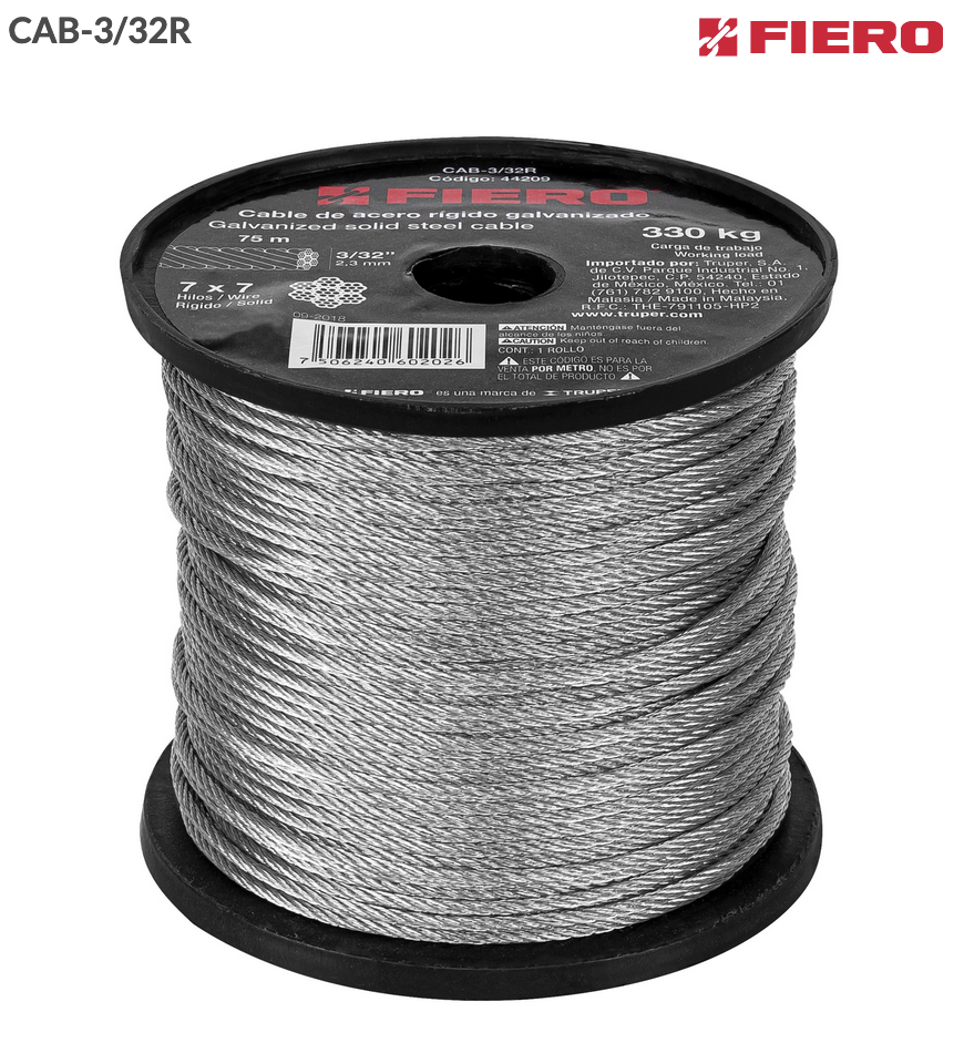 METRO DE CABLE RÍGIDO 3/32" DE ACERO 7X7 HILOS, 75 M, FIERO 44209 P