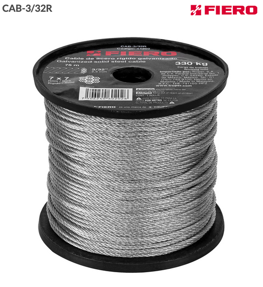 METRO DE CABLE RÍGIDO 3/32" DE ACERO 7X7 HILOS, 75 M, FIERO 44209 P