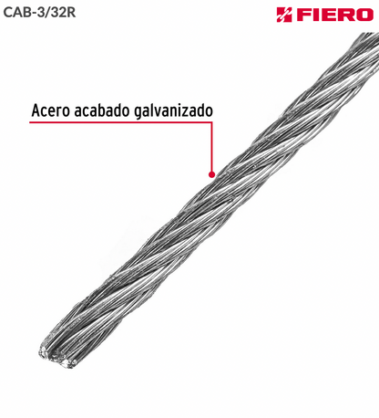 METRO DE CABLE RÍGIDO 3/32" DE ACERO 7X7 HILOS, 75 M, FIERO 44209 P