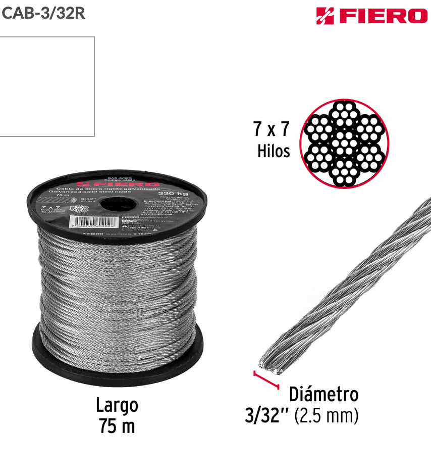 METRO DE CABLE RÍGIDO 3/32" DE ACERO 7X7 HILOS, 75 M, FIERO 44209 P