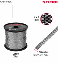 Cargar imagen en el visor de la galería, METRO DE CABLE RÍGIDO 3/32&quot; DE ACERO 7X7 HILOS, 75 M, FIERO 44209 P
