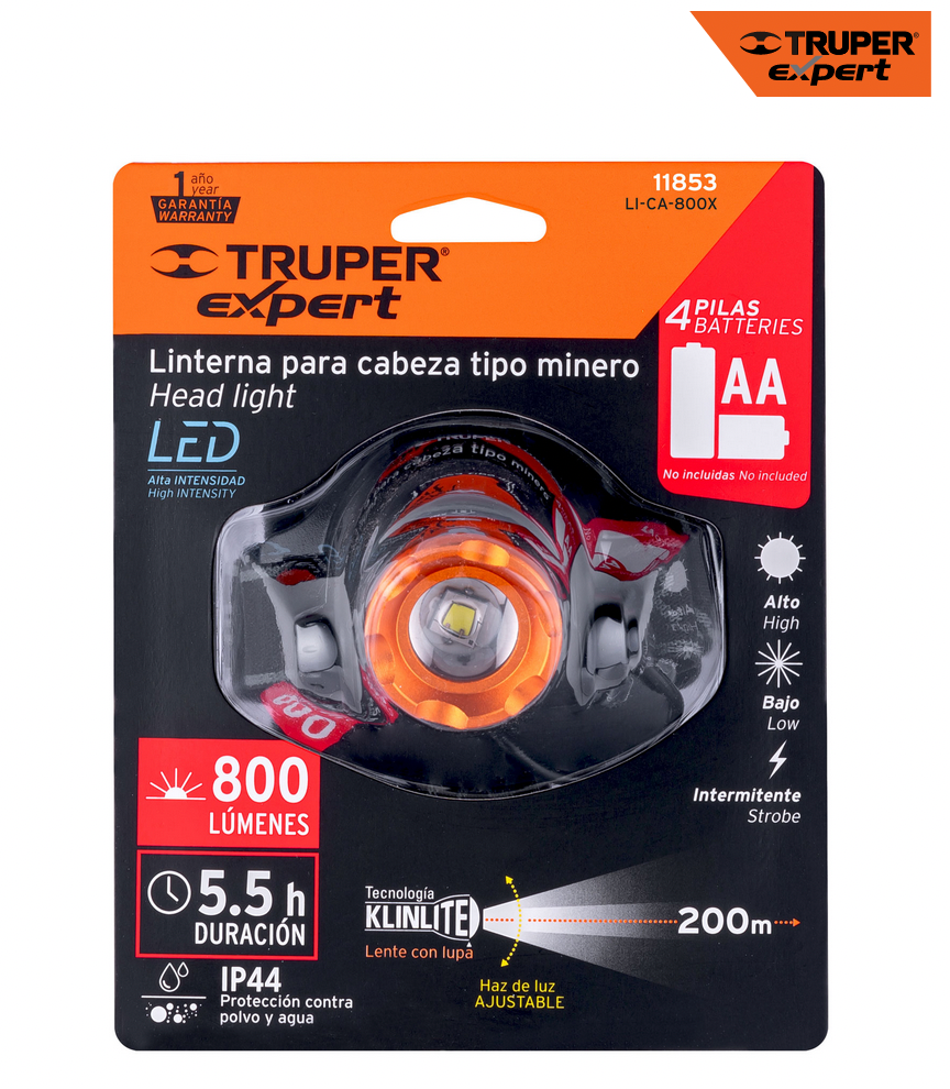 LINTERNA DE MINERO 1 LED 800 LM DE 4 PILAS AA, TRUPER EXPERT 11853 *