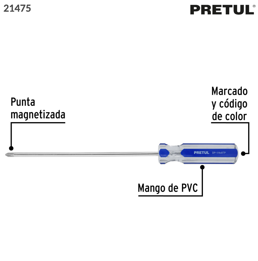DESARMADOR DE CRUZ 1/4 X 8" MANGO DE PVC, PRETUL 21475 *