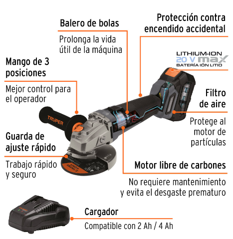 ESMERILADORA ANGULAR INALÀMBRICA 4-1/2'', 20V, SIN CARBONES 102449 N
