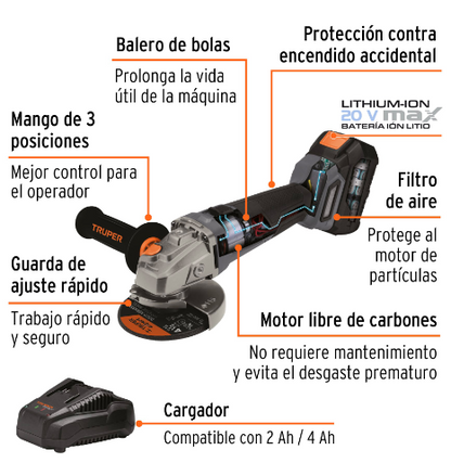 ESMERILADORA ANGULAR INALÀMBRICA 4-1/2'', 20V, SIN CARBONES 102449 N