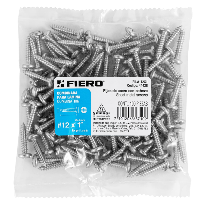 BOLSA CON 100 PIJAS PARA LÁMINA, #12 X 1", FIERO 44428 N