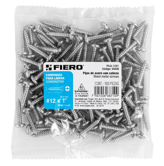 BOLSA CON 100 PIJAS PARA LÁMINA, #12 X 1", FIERO 44428 N