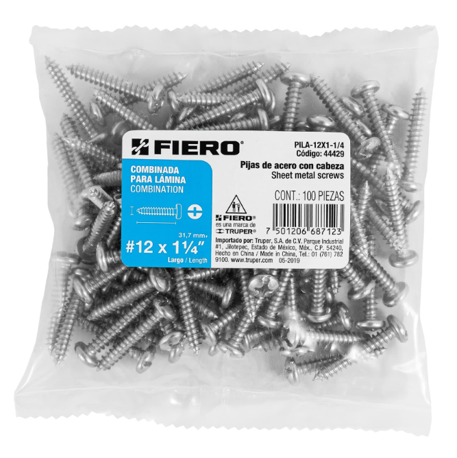 BOLSA CON 100 PIJAS PARA LÁMINA, #12 X 1-1/4", FIERO 44429 N