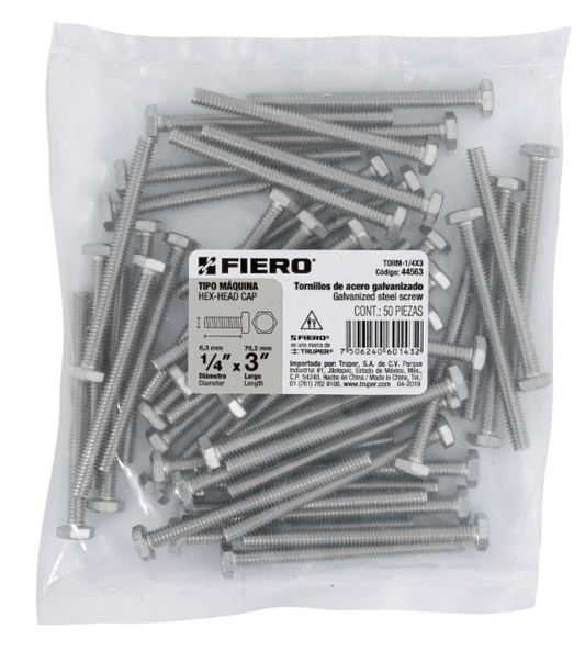 BOLSA CON 50 TORNILLOS 1/4" X 3" TIPO MÁQUINA, FIERO 44563 N