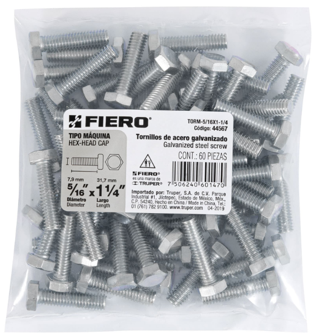 BOLSA CON 60 TORNILLOS 5/16" X 1-1/4" TIPO MÁQUINA, FIERO 44567 N