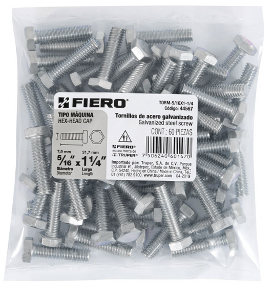 BOLSA CON 60 TORNILLOS 5/16" X 1-1/4" TIPO MÁQUINA, FIERO 44567 N