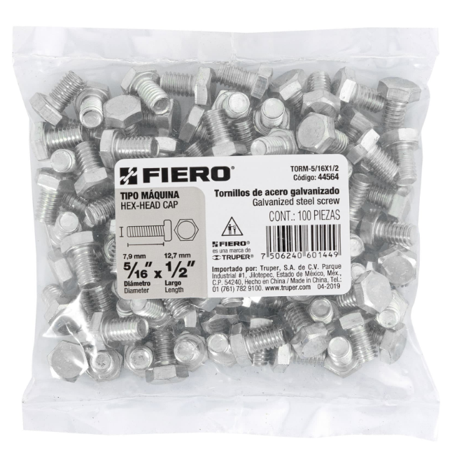 BOLSA CON 100 TORNILLOS 5/16" X 1/2" TIPO MÁQUINA, FIERO 44564 N