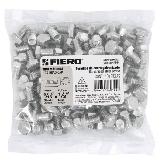 BOLSA CON 100 TORNILLOS 5/16" X 1/2" TIPO MÁQUINA, FIERO 44564 N