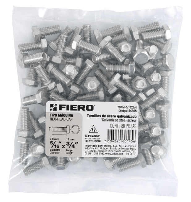 BOLSA CON 80 TORNILLOS 5/16" X 3/4" TIPO MÁQUINA, FIERO 44565 N