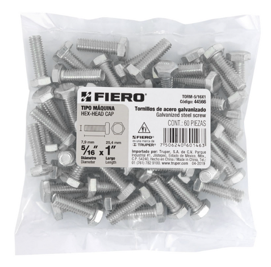 BOLSA CON 60 TORNILLOS 5/16" X 1" TIPO MÁQUINA, FIERO 44566 N