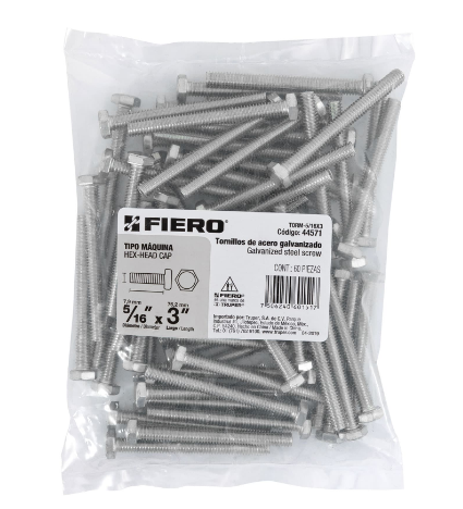 BOLSA CON 60 TORNILLOS 5/16" X 3" TIPO MÁQUINA, FIERO 44571 N