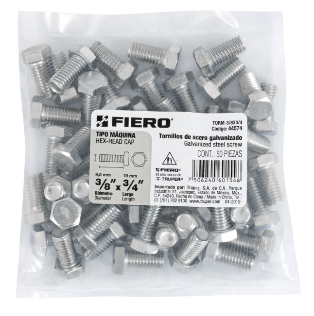 BOLSA CON 50 TORNILLOS 3/8" X 3/4" TIPO MÁQUINA, FIERO 44574 N