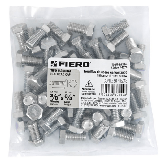 BOLSA CON 50 TORNILLOS 3/8" X 3/4" TIPO MÁQUINA, FIERO 44574 N