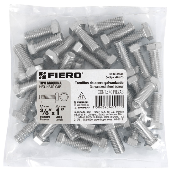 BOLSA CON 40 TORNILLOS 3/8" X 1" TIPO MÁQUINA, FIERO 44575 N