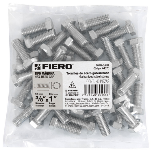 BOLSA CON 40 TORNILLOS 3/8" X 1" TIPO MÁQUINA, FIERO 44575 N