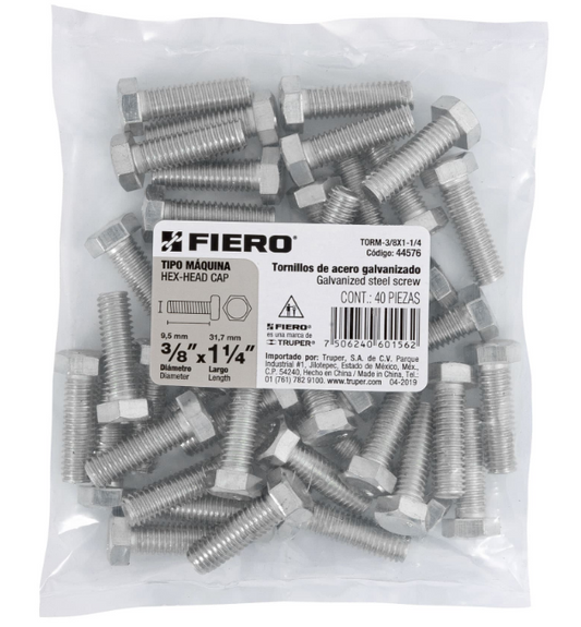 BOLSA CON 40 TORNILLOS 3/8" X 1-1/4" TIPO MÁQUINA, FIERO 44576 N
