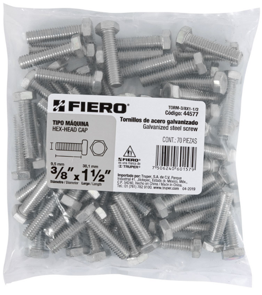 BOLSA CON 70 TORNILLOS 3/8" X 1-1/2" TIPO MÁQUINA, FIERO 44577 N