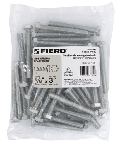 BOLSA CON 40 TORNILLOS 3/8" X 3" TIPO MÁQUINA, FIERO 44580 N