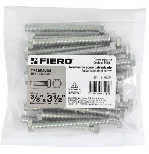 BOLSA CON 30 TORNILLOS 3/8" X 3-1/2" TIPO MÁQUINA, FIERO 44581 N