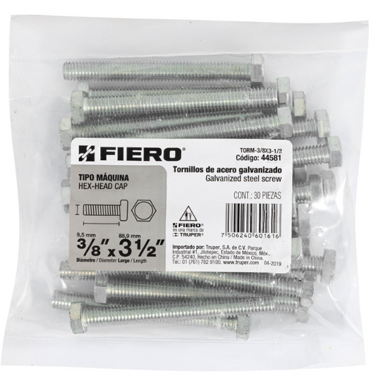 BOLSA CON 30 TORNILLOS 3/8" X 3-1/2" TIPO MÁQUINA, FIERO 44581 N