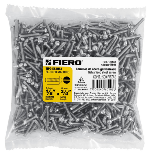 BOLSA CON 500 TORNILLOS 1/8" X 3/4" TIPO ESTUFA, FIERO 44601 N