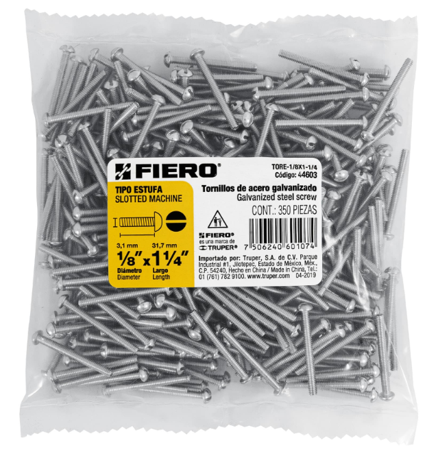 BOLSA CON 350 TORNILLOS 1/8" X 1-1/4" TIPO ESTUFA, FIERO 44603 N
