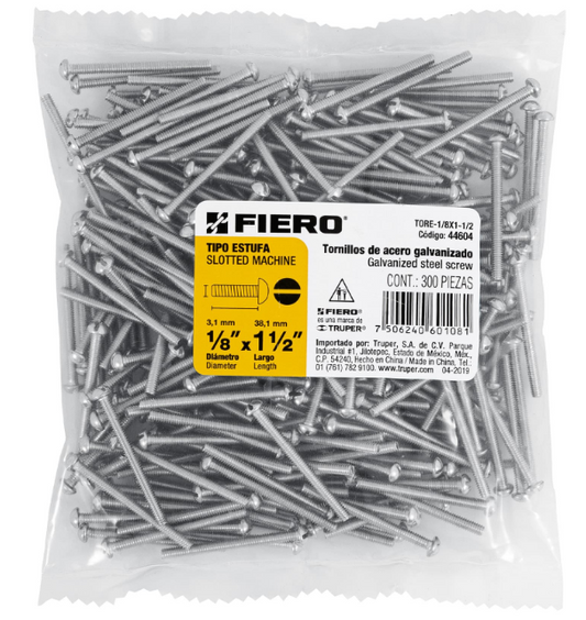 BOLSA CON 300 TORNILLOS 1/8" X 1-1/2" TIPO ESTUFA, FIERO 44604 N
