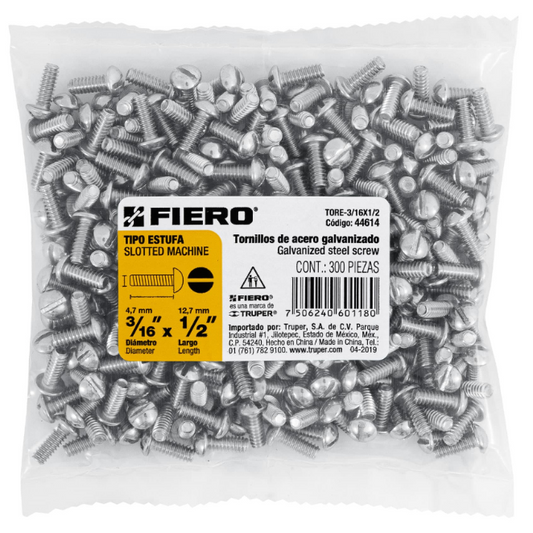 BOLSA CON 300 TORNILLOS 3/16" X 1/2" TIPO ESTUFA, FIERO 44614 N