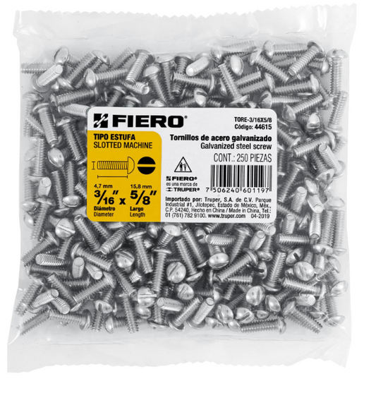 BOLSA CON 250 TORNILLOS 3/16" X 5/8" TIPO ESTUFA, FIERO 44615 N