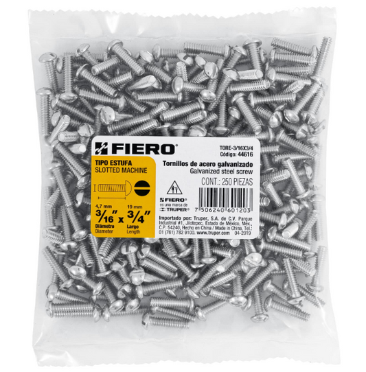 BOLSA CON 250 TORNILLOS 3/16" X 3/4" TIPO ESTUFA, FIERO 44616 N