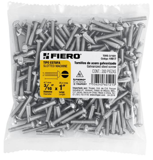 BOLSA CON 200 TORNILLOS 3/16" X 1" TIPO ESTUFA, FIERO 44617 N