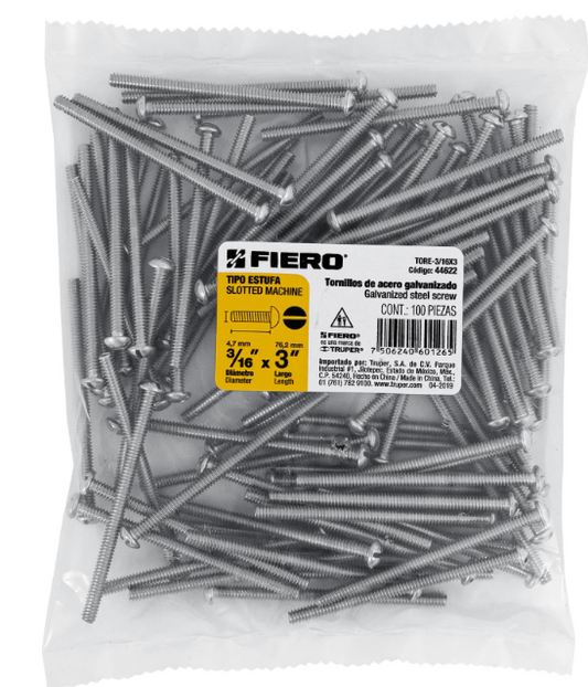 BOLSA CON 100 TORNILLOS 3/16" X 3" TIPO ESTUFA, FIERO 44622 N