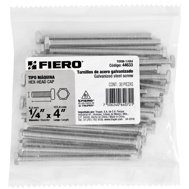 BOLSA CON 30 TORNILLOS 1/4" X 4" TIPO MÁQUINA, FIERO 44633 N