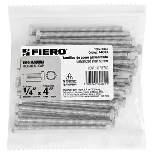 BOLSA CON 30 TORNILLOS 1/4" X 4" TIPO MÁQUINA, FIERO 44633 N