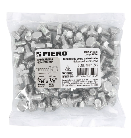 BOLSA CON 25 TORNILLOS 1/4" X 4-1/2" TIPO MÁQUINA, FIERO 44634 N