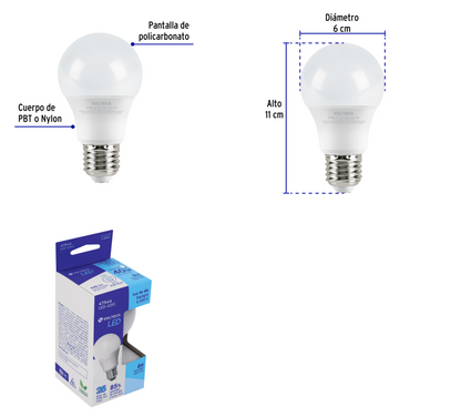 LÁMPARA LED TIPO BULBO A19 6W LUZ DE DIA, CAJA, VOLTECK 47544 N