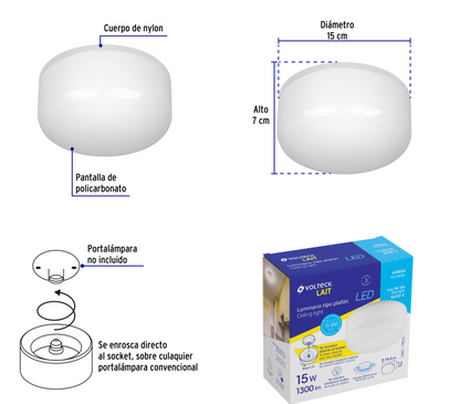 LUMINARIO DE LED 15W TIPO PLAFÓN, BASE E26, LUZ DE DÍA 49804 N