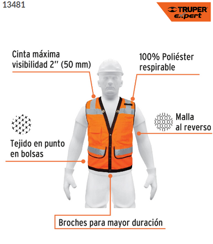 CHALECO SEGURIDAD REFORZADO NARANJA CON BOLSAS, XG, EXPERT 13481 N