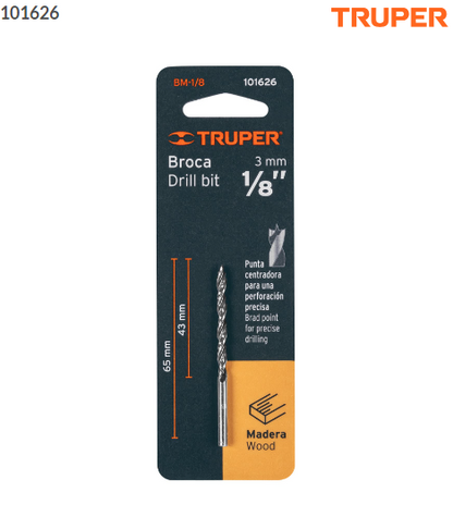 BROCA CON PUNTA CENTRADORA PARA MADERA 1/8'', TRUPER 101626 P