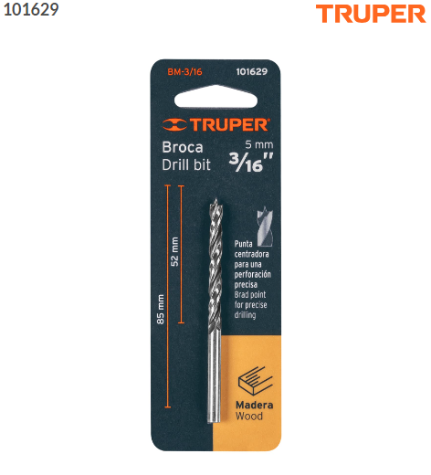 BROCA CON PUNTA CENTRADORA PARA MADERA 3/16'', TRUPER 101629 *L