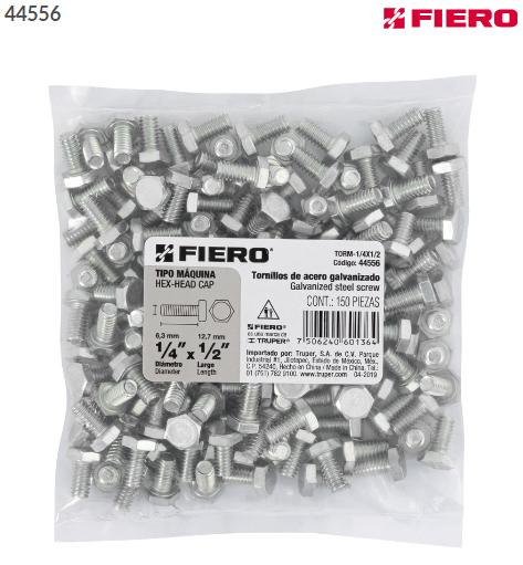 BOLSA CON 150 TORNILLOS 1/4'' X 1/2'' TIPO MÁQUINA, FIERO 44556 N